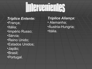 Intervenientes Tríplice Entente: França; Itália; Império Russo; Sérvia; Reino Unido; Estados Unidos; Japão; Brasil; Portugal. Tríplice Aliança: Alemanha;  Áustria-Hungria; Itália. Intervenientes 