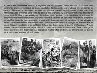 A Guerra de Trincheiras marcou a segunda fase da Primeira Guerra Mundial. Foi a fase mais
sangrenta, onde se verificava as piores condições humanas de sobrevivência em um campo de
batalha. Milhares de soldados permaneciam durante meses dentro desses túneis que eram
interconectados formando uma rede de defesa dos exércitos. Apesar das trincheiras defenderem
contra tiros de rifles e metralhadoras, não tinham muito sucesso contra projéteis de artilharia. As
condições de sobrevivência eram as piores possíveis. Quando os soldados cavavam as trincheiras
em regiões perto do mar, acabavam encontrando água no meio do processo, o que deixava o
terreno permanentemente tomado por lama. Em ocasião de chuva, a situação se intensificava, os
túneis ficavam inundados e os soldados tinham que lutar, comer e dormir encharcados. A lama
evitava que se mantivessem aquecidos e o cheiro de mortos era constante. Pela presença de
muitos cadáveres em decomposição, apareciam muitos ratos em busca de alimentação e o quadro
geral se tornava muito propício à morte.
 
