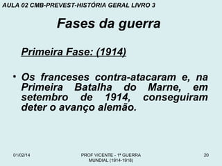 AULA 02 CMB-PREVEST-HISTÓRIA GERAL LIVRO 3

Fases da guerra
Primeira Fase: (1914)
• Os franceses contra-atacaram e, na
Primeira Batalha do Marne, em
setembro de 1914, conseguiram
deter o avanço alemão.

01/02/14

PROF VICENTE - 1ª GUERRA
MUNDIAL (1914-1918)

20

 