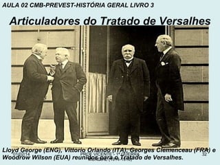 AULA 02 CMB-PREVEST-HISTÓRIA GERAL LIVRO 3

Articuladores do Tratado de Versalhes

Lloyd George (ENG), Vittorio Orlando (ITA), Georges Clemenceau (FRA) e
01/02/14
PROF VICENTE - 1ª GUERRA
32
Woodrow Wilson (EUA) reunidos para o Tratado de Versalhes.
MUNDIAL (1914-1918)

 
