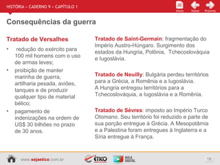 www.sejaetico.com.br 18
Início PróximoVoltarInício
HISTÓRIA » CADERNO 9 » CAPÍTULO 1
Consequências da guerra
• redução do exército para
100 mil homens com o uso
de armas leves;
• proibição de manter
marinha de guerra,
artilharia pesada, aviões,
tanques e de produzir
qualquer tipo de material
bélico;
• pagamento de
indenizações na ordem de
US$ 30 bilhões no prazo
de 30 anos.
Tratado de Saint-Germain: fragmentação do
Império Austro-Húngaro. Surgimento dos
estados da Hungria, Polônia, Tchecoslováquia
e Iugoslávia.
Tratado de Neuilly: Bulgária perdeu territórios
para a Grécia, a Romênia e a Iugoslávia.
A Hungria entregou territórios para a
Tchecoslováquia, a Iugoslávia e a Romênia.
Tratado de Sèvres: imposto ao Império Turco
Otomano. Seu território foi reduzido e parte de
sua porção entregue à Grécia. A Mesopotâmia
e a Palestina foram entregues à Inglaterra e a
Síria entregue à França.
Tratado de Versalhes
 
