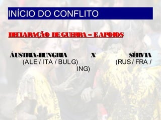 INÍCIO DO CONFLITO
DECLARAÇÃO DEGUERRA – EAPOIOSDECLARAÇÃO DEGUERRA – EAPOIOS
ÁUSTRIA-HUNGRIA X SÉRVIA
(ALE / ITA / BULG) (RUS/ FRA /
ING)
 