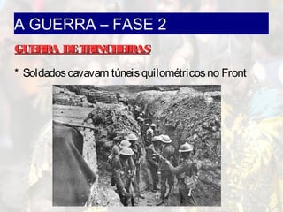 A GUERRA – FASE 2
GUERRA DETRINCHEIRASGUERRA DETRINCHEIRAS
* Soldadoscavavam túneisquilométricosno Front
 