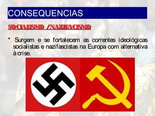 CONSEQUENCIAS
SOCIALISMO /NAZIFACISMOSOCIALISMO /NAZIFACISMO
* Surgem e se fortalecem as correntes ideológicas* Surgem e se fortalecem as correntes ideológicas
socialistas e nazifascistas na Europa com alternativasocialistas e nazifascistas na Europa com alternativa
àcrise.àcrise.
 