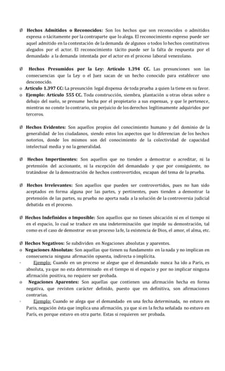 Ø Hechos Admitidos o Reconocidos: Son los hechos que son reconocidos o admitidos
expresa o tácitamente por la contraparte que lo alega. El reconocimiento expreso puede ser
aquel admitido en la contestación de la demanda de algunos o todos lo hechos constitutivos
alegados por el actor. El reconocimiento tácito puede ser la falta de respuesta por el
demandado a la demanda intentada por el actor en el proceso laboral venezolano.
Ø Hechos Presumidos por la Ley: Artículo 1.394 CC. Las presunciones son las
consecuencias que la Ley o el Juez sacan de un hecho conocido para establecer uno
desconocido.
o Artículo 1.397 CC: La presunción legal dispensa de toda prueba a quien la tiene en su favor.
o Ejemplo: Artículo 555 CC. Toda construcción, siembra, plantación u otras obras sobre o
debajo del suelo, se presume hecha por el propietario a sus expensas, y que le pertenece,
mientras no conste lo contrario, sin perjuicio de los derechos legítimamente adquiridos por
terceros.
Ø Hechos Evidentes: Son aquellos propios del conocimiento humano y del dominio de la
generalidad de los ciudadanos, siendo estos los aspectos que lo diferencian de los hechos
notorios, donde los mismos son del conocimiento de la colectividad de capacidad
intelectual media y no la generalidad.
Ø Hechos Impertinentes: Son aquellos que no tienden a demostrar o acreditar, ni la
pretensión del accionante, ni la excepción del demandado y que por consiguiente, no
tratándose de la demostración de hechos controvertidos, escapan del tema de la prueba.
Ø Hechos Irrelevantes: Son aquellos que pueden ser controvertidos, pues no han sido
aceptados en forma alguna por las partes, y pertinentes, pues tienden a demostrar la
pretensión de las partes, su prueba no aporta nada a la solución de la controversia judicial
debatida en el proceso.
Ø Hechos Indefinidos o Imposible: Son aquellos que no tienen ubicación ni en el tiempo ni
en el espacio, lo cual se traduce en una indeterminación que impide su demostración, tal
como es el caso de demostrar en un proceso la fe, la existencia de Dios, el amor, el alma, etc.
Ø Hechos Negativos: Se subdividen en Negaciones absolutas y aparentes.
o Negaciones Absolutas: Son aquellas que tienen su fundamento en la nada y no implican en
consecuencia ninguna afirmación opuesta, indirecta o implícita.
· Ejemplo: Cuando en un proceso se alegue que el demandado nunca ha ido a Paris, es
absoluta, ya que no esta determinado en el tiempo ni el espacio y por no implicar ninguna
afirmación positiva, no requiere ser probada.
o Negaciones Aparentes: Son aquellas que contienen una afirmación hecha en forma
negativa, que revisten carácter definido, puesto que en definitiva, son afirmaciones
contrarias.
· Ejemplo: Cuando se alega que el demandado en una fecha determinada, no estuvo en
Paris, negación ésta que implica una afirmación, ya que si en la fecha señalada no estuvo en
París, es porque estuvo en otra parte. Estas si requieren ser probada.
 