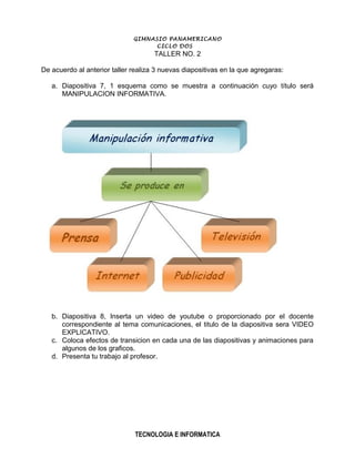 GIMNASIO PANAMERICANO
                                   CICLO DOS
                                     TALLER NO. 2

De acuerdo al anterior taller realiza 3 nuevas diapositivas en la que agregaras:

   a. Diapositiva 7, 1 esquema como se muestra a continuación cuyo título será
      MANIPULACION INFORMATIVA.




   b. Diapositiva 8, Inserta un video de youtube o proporcionado por el docente
      correspondiente al tema comunicaciones, el titulo de la diapositiva sera VIDEO
      EXPLICATIVO.
   c. Coloca efectos de transicion en cada una de las diapositivas y animaciones para
      algunos de los graficos.
   d. Presenta tu trabajo al profesor.




                               TECNOLOGIA E INFORMATICA
 