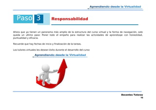Paso 3 Responsabilidad
Ahora que ya tienen un panorama más amplio de la estructura del curso virtual y la forma de navegación, solo
queda un ultimo paso: Poner todo el empeño para realizar las actividades de aprendizaje con honestidad,
puntualidad y eficacia.
Recuerde que hay fechas de inicio y finalización de la tareas.
Los tutores virtuales les desean éxito durante el desarrollo del curso
Docentes Tutoras
10
 