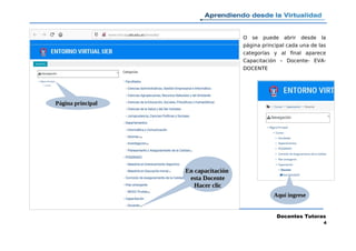 O se puede abrir desde la
página principal cada una de las
categorías y al final aparece
Capacitación – Docente- EVA-
DOCENTE
Docentes Tutoras
4
En capacitaciónEn capacitación
esta Docenteesta Docente
Hacer clicHacer clic
Página principalPágina principal
Aquí ingreseAquí ingrese
 