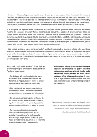 12
2
Se refiere a la consulta realizada por el Programa Educando en Familia, abril-mayo de 2014.
relaciones sociales que fraguan valores; el proyecto de vida que se espera desarrollar en los estudiantes en cuanto
personas, como expansión de su libertad, autonomía y emancipación; los atributos de equidad e igualdad como
imprescindibles en la nueva sociedad que estamos construyendo; la eliminación de toda forma de discriminación y
exclusión en cuanto imperativo para superar contra valores; el afianzamiento de una cultura de paz y erradicación
de la violencia; finalmente, el Buen Vivir como dimensión que totaliza la vida en comunidad y en sociedad.
• De otra parte, los objetivos de los procesos de “educación en valores” presentes en los currículos del sistema
nacional de educación procuran “formar personalidades dialogantes, capaces de argumentar con otros sus
propias razones, escuchar y valorar otras diferentes a las suyas, buscar bases de consensos racionales y proyectos
comunes, respetando los principios básicos de una convivencia justa”. Estos propósitos además de las actividades
que se realizan en la institución educativa, requieren que procesos similares ocurran en las familias, de modo que
finalmente en la vida social, sea más viable “el compartir valores” que es la base para la vida democrática, para el
respeto a las normas y para resolver los conflictos que siempre existirán.
• Las propias familias, a través de las consultas2
, señalan la necesidad de promover valores entre sus hijos y
solicitan a las instituciones educativas su apoyo para cumplir con estos objetivos. Parten de la preocupación que la
personalidad de sus hijos pueda configurarse mediante signos y referencias que no alcanzan a manejar o resolver,
como la violencia, el consumismo, la brecha generacional, el consumo de drogas, el impacto de las tecnologías de
la comunicación, entre otros.
Ahora bien, ¿por dónde empezar? Si se tiene en
cuenta los principios ordenadores de Educando en
Familia se propone que:
• Se destaque a la convivencia familiar como
el contexto en el cual se enseñe valores, se
transmita, se haga cultura con ellos y se afiance
identidades de sus individuos y del grupo.
• Una convivencia que se inscribe en culturas
con identidad étnica y en familias de diversa
composición, con fortalezas y con debilidades.
• Se priorice desde la percepción y reflexión de
las mismas familias aquellos valores que están
ayudando a la convivencia y se critique contra
valores que están dificultando la vida en familia.
• Se integre en el fortalecimiento de la
convivencia familiar (EeF) valores que se
articulan “matricialmente” a los fines de la
educación y a los programas de estudio, para
hacer coincidentes los esfuerzos en el desarrollo
integral de niños, niñas y adolescentes.
Dado que los valores se nutren de aprendizajes
sociales, las reflexiones con padres y madres
establecerán que la convivencia familiar debe
expresarse como proceso en cuyo centro
están los niños, niñas y adolescentes, de modo
que se siga el desarrollo evolutivo de ellos y en
ese desarrollo resulte fundamental la promoción
de los valores.
“Necesitamos conocer formas o técnicas de como
sentirse bien en la unión familiar y que recibimos
felicitaciones y más apoyo de nuestros padres”
(Estudiantes, Escuela José Peléaez, Tena).
 