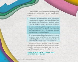 22 FUNDAÇÃO DEMÓCRITO ROCHA | UNIVERSIDADE ABERTA DO NORDESTE
Pensamentos, comportamentos e emoções se-
guem uma via de mão dupla, ou seja, um influencia
o outro.
• Geralmente, quando estamos tristes, temos pen-
samentos mais negativos. E quando estamos ale-
gres, temos mais pensamentos positivos. Nestes
casos, as emoções influenciam o que pensamos.
• Se estamos irritados, podemos gritar com nossos
colegas sem querer. Mas depois nos arrepende-
mos, não é mesmo? Aqui, são as nossas emoções
influenciando o comportamento.
• Se pensamos coisas boas, ficamos alegres. Mas, se
pensamos coisas ruins, ficamos com raiva ou tris-
tes. Então, podemos dizer que os pensamentos es-
tão tendo influência sobre as nossas emoções.
É muito importante entender o que está influen-
ciando os nossos pensamentos, comportamentos e
emoções. Assim, vamos conseguir lidar melhor com
os problemas e estresse do dia a dia.
VAMOS PENSAR EM UM EXEMPLO PARA
ENTENDER ISSO MELHOR?
 