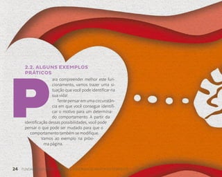 24 FUNDAÇÃO DEMÓCRITO ROCHA | UNIVERSIDADE ABERTA DO NORDESTE
2.2. ALGUNS EXEMPLOS
PRÁTICOS
ara compreender melhor este fun-
cionamento, vamos trazer uma si-
tuação que você pode identificar na
sua vida!
Tente pensar em uma circunstân-
cia em que você consegue identifi-
car o motivo para um determina-
do comportamento. A partir da
identificação dessas possibilidades, você pode
pensar o que pode ser mudado para que o
comportamento também se modifique.
Vamos ao exemplo na próxi-
ma página.
 