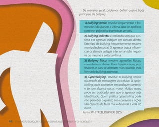 46 FUNDAÇÃO DEMÓCRITO ROCHA | UNIVERSIDADE ABERTA DO NORDESTE
De maneira geral, podemos definir quatro tipos
principais de bullying:
1) Bullying verbal: envolve xingamentos e for-
mas de ridicularizar a vítima, uso de apelidos
com teor pejorativo e ameaças verbais.
2) Bullying indireto: é realizado sem que a ví-
tima e o agressor estejam em contato direto.
Este tipo de bullying frequentemente envolve
manipulação social. O agressor busca influen-
ciar os demais colegas a ter uma visão negati-
va ou mesmo a evitar a vítima.
3) Bullying físico: envolve agressões físicas,
como bater e chutar. Com frequência, os pro-
fessores e pais se atentam mais quando esta
forma de bullying acontece.
4) Cyberbullying: envolve o bullying online
ou através de mensagens via celular. O cyber-
bulling pode acontecer em qualquer contexto
e ter um alcance social maior. Muitas vezes,
pode ser praticado sem que o agressor seja
identificado. Quem pratica cyberbulling pode
não perceber o quanto suas palavras e ações
são capazes de fazer mal e devastar a vida do
outro.
Fonte: WHITTED, DUPPER, 2005.
 