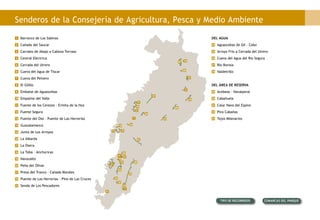 Senderos de la Consejería de Agricultura, Pesca y Medio Ambiente
4
5
6
7
1
2
3
8
9
10
11
12
13
14
15
16
17
18
19
20
21
22
23
24
25
26
27
28
29
30
31
32
33
Barranco de Las Sabinas
Cañada del Saucar
Carrales de Abajo a Cabeza Torraso
Central Eléctrica
Cerrada del Utrero
Cueva del Agua de Tíscar
Cueva del Peinero
El Gilillo
Embalse de Aguascebas
Empalme del Valle
Fuente de los Cerezos - Ermita de la Hoz
Fuente Segura
Fuente del Oso - Puente de Las Herrerías
Guazalamanco
Junta de Los Arroyos
La Albarda
La Osera
La Toba - Anchuricas
Navazalto
Peña del Olivar
Presa del Tranco - Cañada Morales
Puente de Las Herrerías - Pino de Las Cruces
Senda de Los Pescadores
1
14
2 24
15
6 28
19
10 30
23
4 26
17
8
21
12 32
3 25
16
7
20
11 31
5 27
18
9 29
22
13 33
Aguascebas de Gil - Cobo
Arroyo Frío a Cerrada del Utrero
Cueva del Agua del Río Segura
Río Borosa
Valdetrillo
Acebeas - Navalperal
Cabañuela
Calar Nava del Espino
Pico Cabañas
Tejos Milenarios
Tipo de recorridos Comarcas del Parque
DEL AGUA
DEL ÁREA DE RESERVA
 