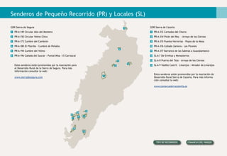 Senderos de Pequeño Recorrido (PR) y Locales (SL)
4
5
6
7
8 9
10
11
12
13
14
3
2
1
PR-A-149 Circular Alto del Montero
PR-A-150 Circular Yelmo Chico
PR-A-173 Cumbre del Cambrón
PR-A-180 El Pilarillo - Cumbre de Peñalta
PR-A-194 Cumbre del Yelmo
PR-A-196 Cañada del Saucar - Puntal Misa - El Carrascal
Estos senderos están promovidos por la Asociación para
el Desarrollo Rural de la Sierra de Segura. Para más
información consultar la web:
www.sierradesegura.com
PR-A-312 Cortados del Chorro
PR-A-314 Picón del Rey - Arroyo de los Cierzos
PR-A-315 Puente Herrerías - Poyos de la Mesa
PR-A-316 Collado Zamora - Los Picones
PR-A-317 Barranco de las Sabinas a Guazalamanco
SL-A-7 De Ermitas y Monasterios
SL-A-8 Puerto del Tejo - Arroyo de los Cierzos
SL-A-9 Vadillo Castril – Linarejos - Mirador de Linarejos
Estos senderos están promovidos por la Asociación de
Desarrollo Rural Sierra de Cazorla. Para más informa-
ción consultar la web:
www.comarcasierracazorla.es
GDR Sierra de Segura GDR Sierra de Cazorla
1
14
2
6
104
8
12
3
7
115
9
13
Tipo de recorridos Comarcas del Parque
 