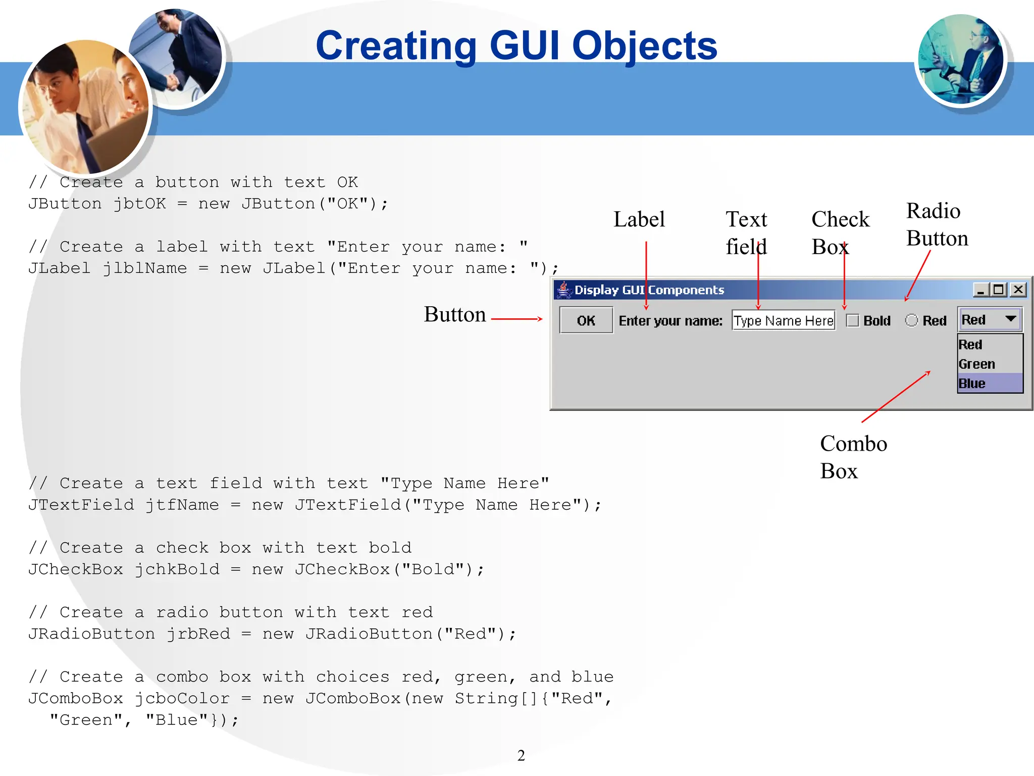 Creating GUI Objects
// Create a button with text OK
JButton jbtOK = new JButton("OK");
// Create a label with text "Enter your name: "
JLabel jlblName = new JLabel("Enter your name: ");
// Create a text field with text "Type Name Here"
JTextField jtfName = new JTextField("Type Name Here");
// Create a check box with text bold
JCheckBox jchkBold = new JCheckBox("Bold");
// Create a radio button with text red
JRadioButton jrbRed = new JRadioButton("Red");
// Create a combo box with choices red, green, and blue
JComboBox jcboColor = new JComboBox(new String[]{"Red",
"Green", "Blue"});
2
Button
Label Text
field
Check
Box
Radio
Button
Combo
Box
 