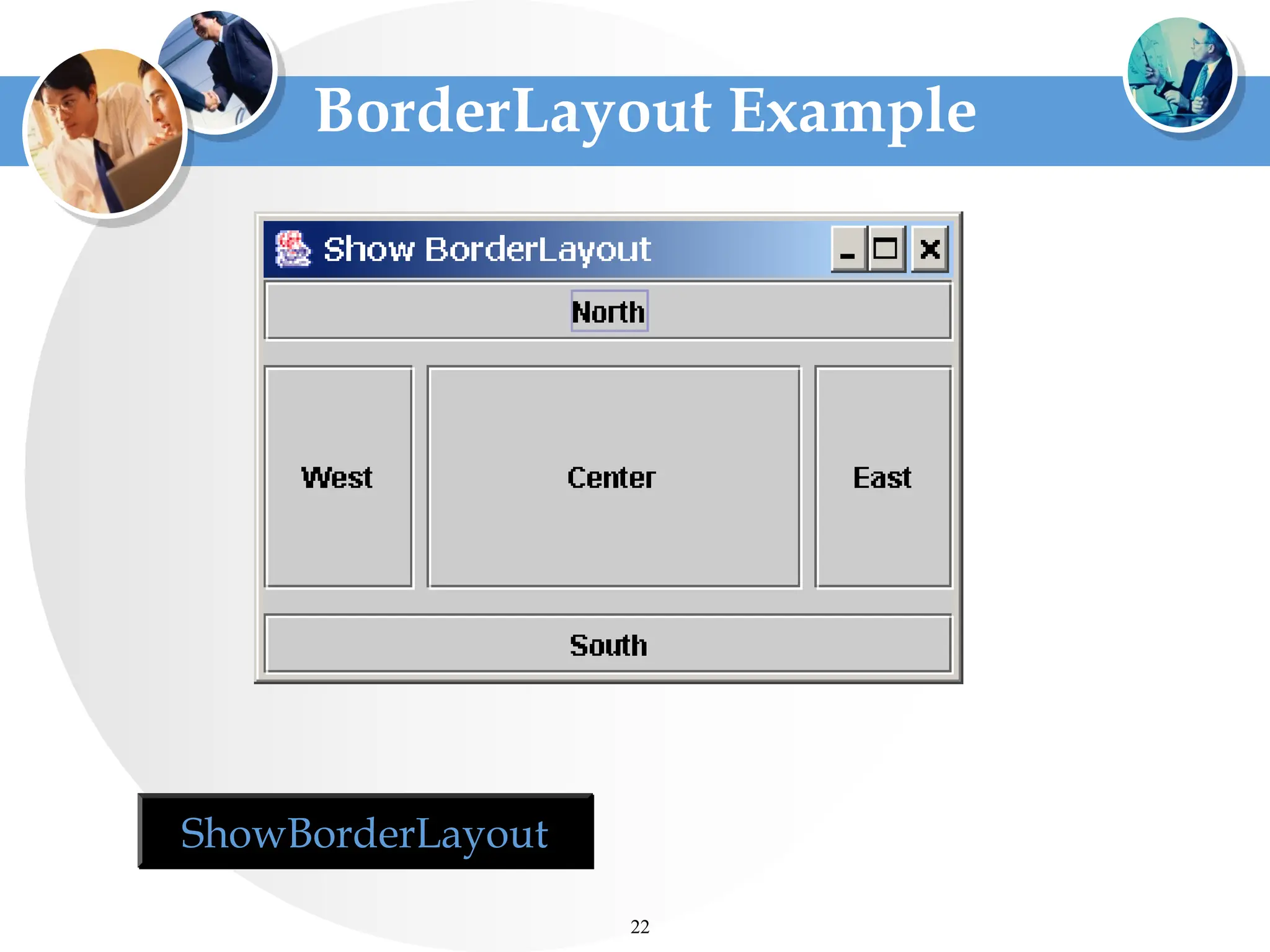 BorderLayout Example
22
ShowBorderLayout
 