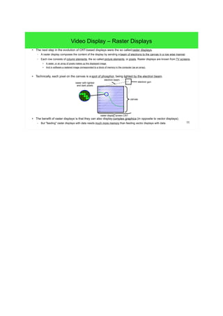 11
Video Display – Raster Displays
● The next step in the evolution of CRT-based displays were the so called raster displays.
– A raster display composes the content of the display by sending a beam of electrons to the canvas in a row wise manner.
– Each row consists of column elements, the so called picture elements, or pixels. Raster displays are known from TV screens.
● A raster, or an array of pixels makes up the displayed image.
● And in software a rastered image corresponded to a block of memory in the computer (as an array).
● Technically, each pixel on the canvas is a spot of phosphor, being lighted by the electron beam.
● The benefit of raster displays is that they can also display complex graphics (in opposite to vector displays).
– But "feeding" raster displays with data needs much more memory than feeding vector displays with data.
electron gunraster with lighted
and dark pixels
raster display screen CRT
canvas
electron beam
 