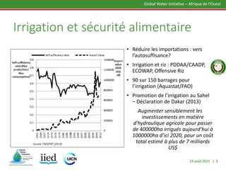 23 août 2015 | 3
Global Water Initiative – Afrique de l’Ouest
Irrigation et sécurité alimentaire
• Réduire les importation...
