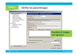 Thunderbird
Vérifier les paramétrages
Possibilité d’intégrer
une signature
 