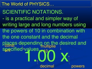 The World of PHYSICS…
SCIENTIFIC NOTATIONS.
- is a practical and simpler way of
writing large and long numbers using
the powers of 10 in combination with
the one constant and the decimal
places depending on the desired and
specified values.
1.00 x
const
ant
decimal
multiplie
r 10
powers
 