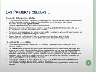 LAS PRIMERAS CÉLULAS…
·Formación de las primeras células
 El siguiente paso evolutivo consistiría en la formación a partir de las macromoléculas del caldo
primitivo, de los precursores de las primeras células: Las protocélulas a las que se
denomino progenotas o protobiontes.
Estas protocélulas deben de cumplir dos condiciones:
 Deben de tener una membrana que preserve su individualidad aislándolas del medio, y a la
vez las permita un adecuado intercambio con éste.
 Tienen que tener capacidad de replicarse para poder reproducirse y transmitir su mensaje a los
descendientes y de esa forma asegurar la vida.
 Existen diversas hipótesis que tratan de explicar como surgieron a partir de las
macromoléculas las primeras células. Entre las cuales destacan las siguientes:
Hipótesis de los coacervados.
 Fue propuesta por Oparin. Según esta hipótesis los coacervados serían el origen de las
primeras células.
 Los coacervados son gotas microscópicas constituidas por una envoltura de polímeros que
rodearía a un medio interno líquido en el que habría alguna enzima, que quedaría aislada del
exterior. Se formarían en el caldo primitivo, al ponerse espontáneamente en contacto los
polímeros en solución acuosa. Tendrían un metabolismo muy simple al disponer de moléculas
catalíticas como enzimas, lo que les permitiría crecer a medida que captaban moléculas del
exterior y al adquirir cierto tamaño se dividirían.
 Oparín logro obtener coacervados en el laboratorio y al añadirles enzimas procedentes de
otras células consiguió que crecieran y que se dividieran.
Esta hipótesis no explica cómo evolucionarían los coacervados, al carecer de información
genética.
4
 