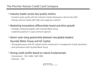 9
The Premier Korean Credit Card Company
• Industry leader across key quality metrics
- Excellent asset quality with the industry’s lowest delinquency rate of only 0.8%
- Strong customer loyalty with high card usage per customer
• Marketing innovations differentiate brand and drive growth
- Strategic marketing program with Hyundai Motor Group
- Leadership position in super premium segment
• Seven-year-long partnership between two global leaders:
Hyundai Motor Group and GE Capital
- Strong governance with GE Capital's active involvement in management & daily operations- Strong governance with GE Capital's active involvement in management & daily operations
- Joint promotions with Hyundai Motor Group
• Strong credit profile based on robust fundamentals
- International – Fitch: BBB / S&P: BBB
- Domestic – AA+
 