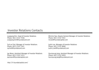 Investor Relations Contacts
Jungsang Kim, Head of Investor Relations
Phone +82 2 2167 7034
jungsang.kim@hyundaicard.com
Minchul Seo, Deputy General Manager of Investor Relations
Phone +82 2 2167 7051
mcseo@hyundaicapital.com
Suh ye Choi, Manager of Investor Relations
Phone +82 2 2167 7541
Justin Lee, Manager of Investor Relations
Phone +82 2 2167 8082Phone +82 2 2167 7541
sychoi@hyundaicard.com
http://ir.hyundaicapital.com/
Phone +82 2 2167 8082
justin.j.lee@hyundaicard.com
Jay Moon, Assistant Manager of Investor Relations
Phone +82 2 2167 5312
jaymoon@hyundaicapital.com
Hyunyoung Jang, Assistant Manager of Investor Relations
Phone +82 2 2167 6955
hyunyoung.jang@hyundaicard.com
 