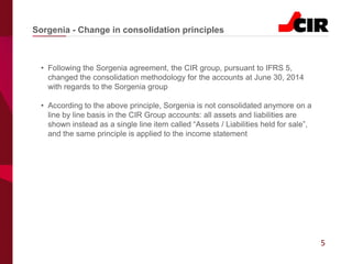 5
• Following the Sorgenia agreement, the CIR group, pursuant to IFRS 5,
changed the consolidation methodology for the accounts at June 30, 2014
with regards to the Sorgenia group
• According to the above principle, Sorgenia is not consolidated anymore on a
line by line basis in the CIR Group accounts: all assets and liabilities are
shown instead as a single line item called “Assets / Liabilities held for sale”,
and the same principle is applied to the income statement
Sorgenia - Change in consolidation principles
 