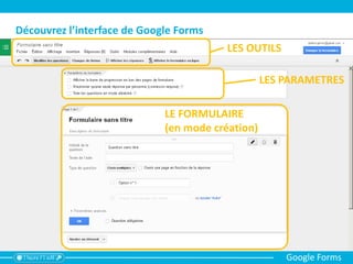Etape 1 : Donnez un titre
Google Forms
Ce titre apparaîtra
- comme nom de fichier
dans votre drive
- en en-tête de votre
formulaire
(La description est facultative)
 