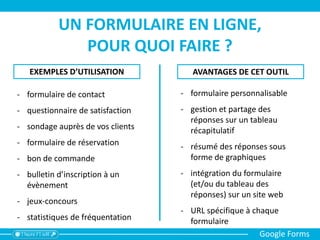 1. Allez sur www.google.fr
2. Cliquez sur le bouton de connexion
3. Cliquez sur Créer un compte
Pour accéder à cet outil,
commencez par vous créer un compte Google
Google Forms
 