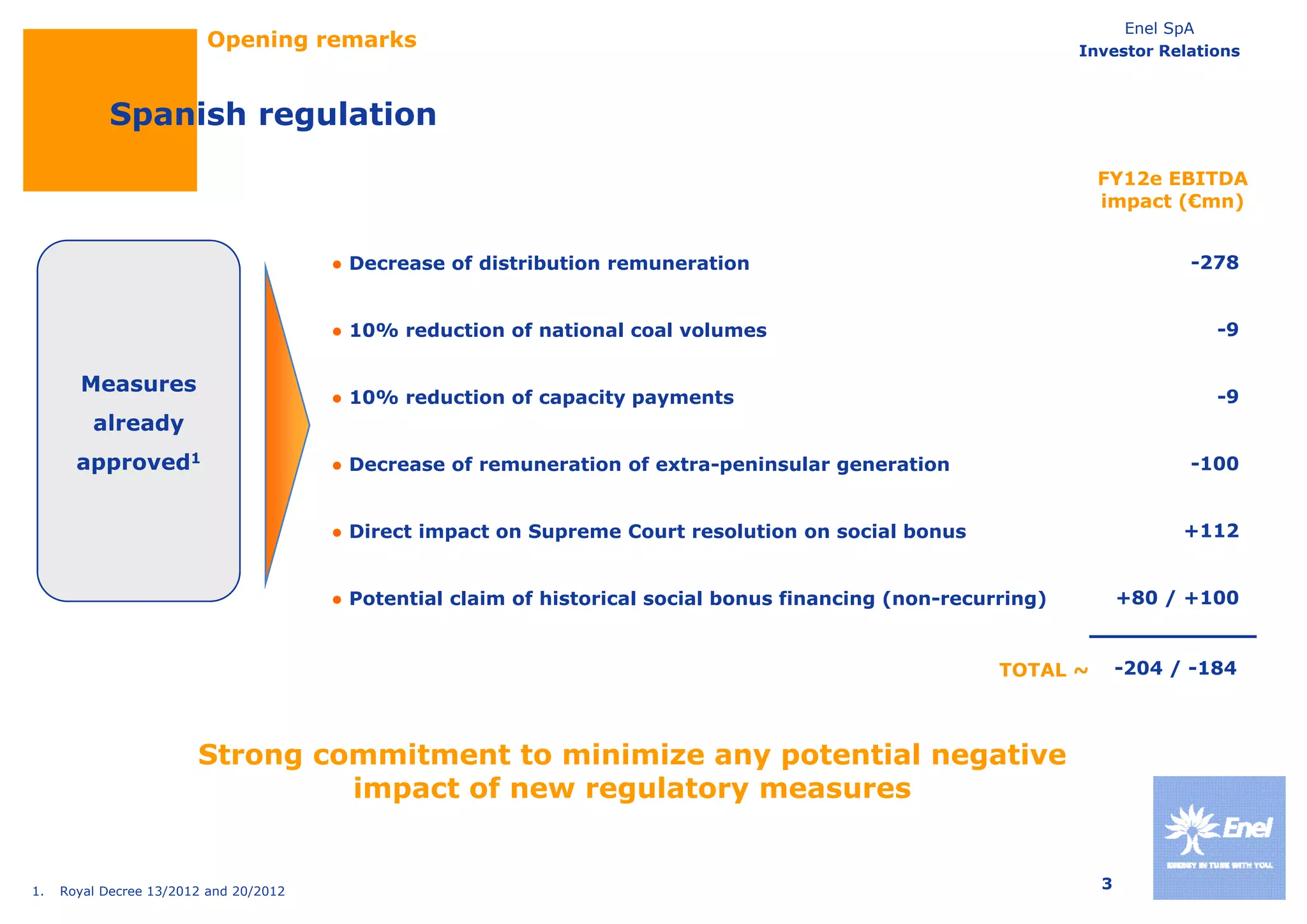 Enel SpA
                         Opening remarks                                                                         Investor Relations



            Spanish regulation
                                                                                                                   FY12e EBITDA
                                                                                                                   impact (€mn)


                                        ● Decrease of distribution remuneration                                              -278


                                        ● 10% reduction of national coal volumes                                                -9

       Measures
                                        ● 10% reduction of capacity payments                                                    -9
         already
       approved1                        ● Decrease of remuneration of extra peninsular generation
                                                                      extra-peninsular                                       -100
                                                                                                                              100


                                        ● Direct impact on Supreme Court resolution on social bonus                          +112


                                        ● Potential claim of historical social bonus financing (non-recurring)         +80 / +100


                                                                                                         TOTAL ~       -204 / -184



                        Strong commitment to minimize any potential negative
                                 impact of new regulatory measures


1.   Royal Decree 13/2012 and 20/2012
                                                                                                                   3
 