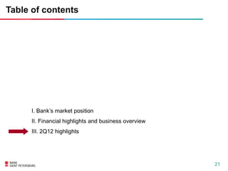 Table of contents




      I. Bank’s market position
      II. Financial highlights and business overview
      III. 2Q12 highlights




                                                       21
 