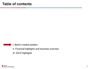 Table of contents




      I. Bank’s market position
      II. Financial highlights and business overview
      III. 2Q12 highlights




                                                       5
 
