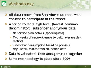 3
Methodology
All data comes from Sandvine customers who
consent to participate in the report
A script collects high level (lowest common
denominator), subscriber anonymous data
• No service plan details (speed/quota)
• Two weeks of network usage to build average day
metrics
• Subscriber consumption based on previous
day, week, month from collection date
Data is validated, then amalgamated together
Same methodology in place since 2009
 