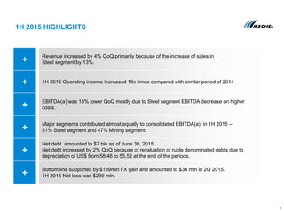 1H 2015 HIGHLIGHTS
4
+
Revenue increased by 4% QoQ primarily because of the increase of sales in
Steel segment by 13%.
+ 1H 2015 Operating income increased 16x times compared with similar period of 2014
+
EBITDA(a) was 15% lower QoQ mostly due to Steel segment EBITDA decrease on higher
costs.
+
Major segments contributed almost equally to consolidated EBITDA(a) in 1H 2015 –
51% Steel segment and 47% Mining segment.
+
Net debt amounted to $7 bln as of June 30, 2015.
Net debt increased by 2% QoQ because of revaluation of ruble denominated debts due to
depreciation of US$ from 58,46 to 55,52 at the end of the periods.
+
Bottom line supported by $189mln FX gain and amounted to $34 mln in 2Q 2015.
1H 2015 Net loss was $239 mln.
 