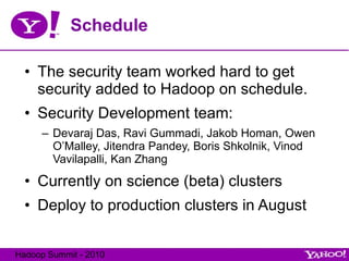 Schedule The security team worked hard to get security added to Hadoop on schedule. Security Development team: Devaraj Das, Ravi Gummadi, Jakob Homan, Owen O’Malley, Jitendra Pandey, Boris Shkolnik, Vinod Vavilapalli, Kan Zhang Currently on science (beta) clusters Deploy to production clusters in August 