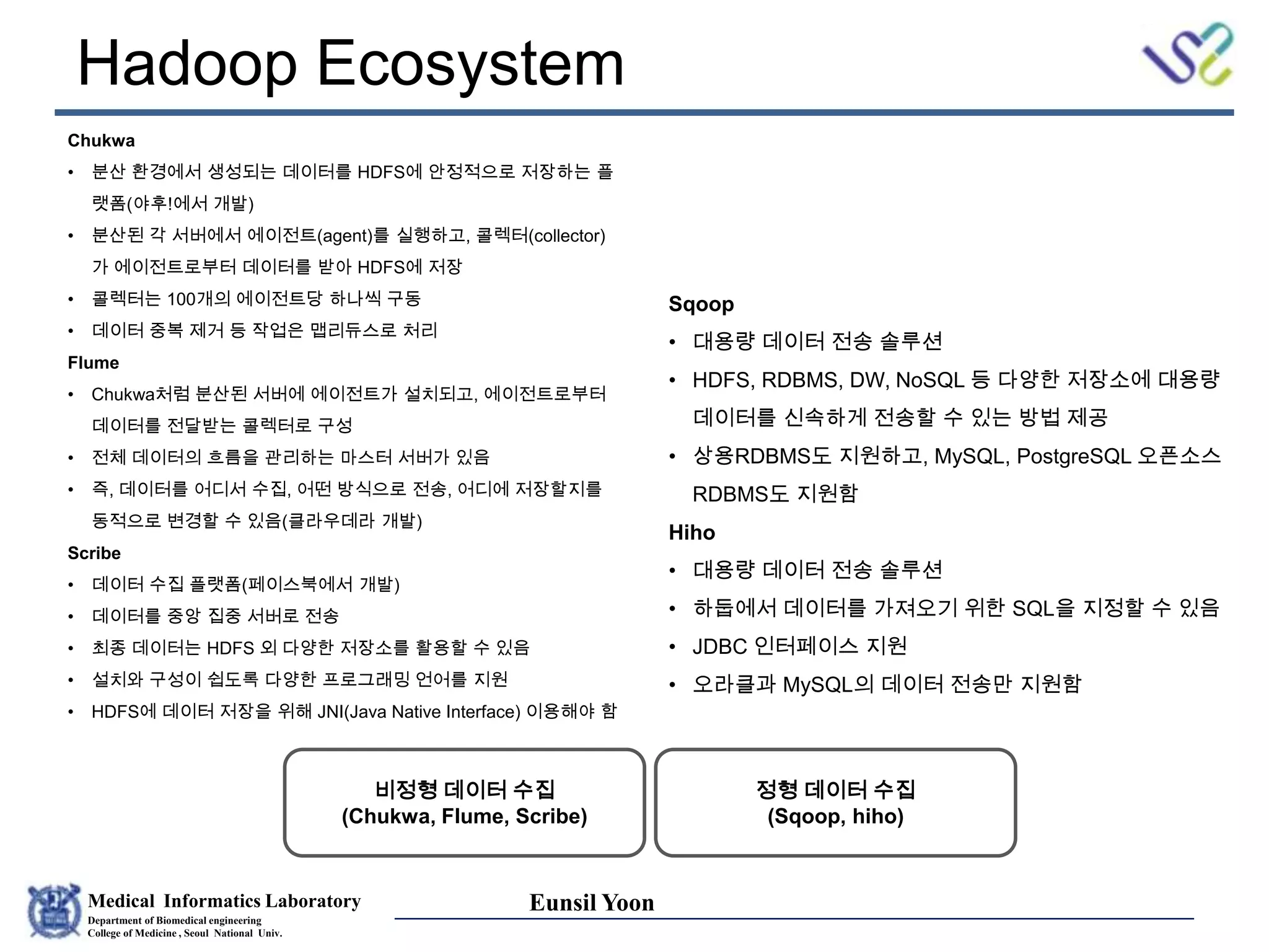 Medical Informatics Laboratory
Department of Biomedical engineering
College of Medicine , Seoul National Univ.
Eunsil Yoon
Hadoop Ecosystem
비정형 데이터 수집
(Chukwa, Flume, Scribe)
정형 데이터 수집
(Sqoop, hiho)
Chukwa
• 분산 환경에서 생성되는 데이터를 HDFS에 안정적으로 저장하는 플
랫폼(야후!에서 개발)
• 분산된 각 서버에서 에이전트(agent)를 실행하고, 콜렉터(collector)
가 에이전트로부터 데이터를 받아 HDFS에 저장
• 콜렉터는 100개의 에이전트당 하나씩 구동
• 데이터 중복 제거 등 작업은 맵리듀스로 처리
Flume
• Chukwa처럼 분산된 서버에 에이전트가 설치되고, 에이전트로부터
데이터를 전달받는 콜렉터로 구성
• 전체 데이터의 흐름을 관리하는 마스터 서버가 있음
• 즉, 데이터를 어디서 수집, 어떤 방식으로 전송, 어디에 저장할지를
동적으로 변경할 수 있음(클라우데라 개발)
Scribe
• 데이터 수집 플랫폼(페이스북에서 개발)
• 데이터를 중앙 집중 서버로 전송
• 최종 데이터는 HDFS 외 다양한 저장소를 활용할 수 있음
• 설치와 구성이 쉽도록 다양한 프로그래밍 언어를 지원
• HDFS에 데이터 저장을 위해 JNI(Java Native Interface) 이용해야 함
Sqoop
• 대용량 데이터 전송 솔루션
• HDFS, RDBMS, DW, NoSQL 등 다양한 저장소에 대용량
데이터를 신속하게 전송할 수 있는 방법 제공
• 상용RDBMS도 지원하고, MySQL, PostgreSQL 오픈소스
RDBMS도 지원함
Hiho
• 대용량 데이터 전송 솔루션
• 하둡에서 데이터를 가져오기 위한 SQL을 지정할 수 있음
• JDBC 인터페이스 지원
• 오라클과 MySQL의 데이터 전송만 지원함
 