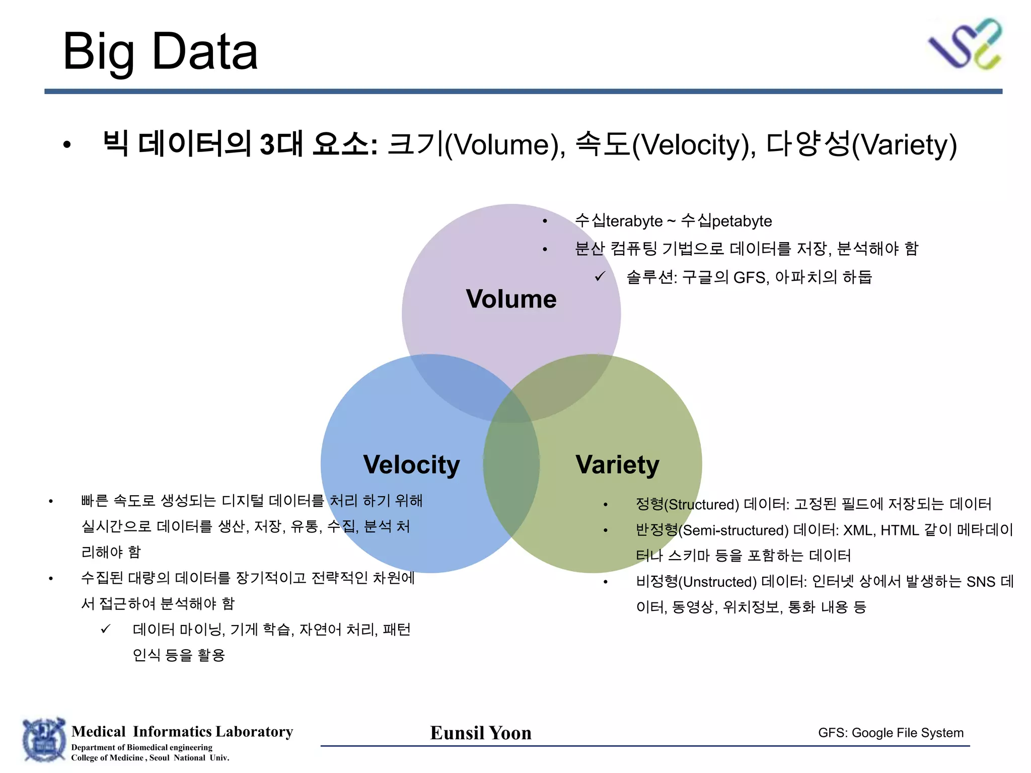 Medical Informatics Laboratory
Department of Biomedical engineering
College of Medicine , Seoul National Univ.
Eunsil Yoon
Big Data
• 빅 데이터의 3대 요소: 크기(Volume), 속도(Velocity), 다양성(Variety)
Volume
Velocity Variety
• 수십terabyte ~ 수십petabyte
• 분산 컴퓨팅 기법으로 데이터를 저장, 분석해야 함
 솔루션: 구글의 GFS, 아파치의 하둡
• 빠른 속도로 생성되는 디지털 데이터를 처리 하기 위해
실시간으로 데이터를 생산, 저장, 유통, 수집, 분석 처
리해야 함
• 수집된 대량의 데이터를 장기적이고 전략적인 차원에
서 접근하여 분석해야 함
 데이터 마이닝, 기게 학습, 자연어 처리, 패턴
인식 등을 활용
• 정형(Structured) 데이터: 고정된 필드에 저장되는 데이터
• 반정형(Semi-structured) 데이터: XML, HTML 같이 메타데이
터나 스키마 등을 포함하는 데이터
• 비정형(Unstructed) 데이터: 인터넷 상에서 발생하는 SNS 데
이터, 동영상, 위치정보, 통화 내용 등
GFS: Google File System
 