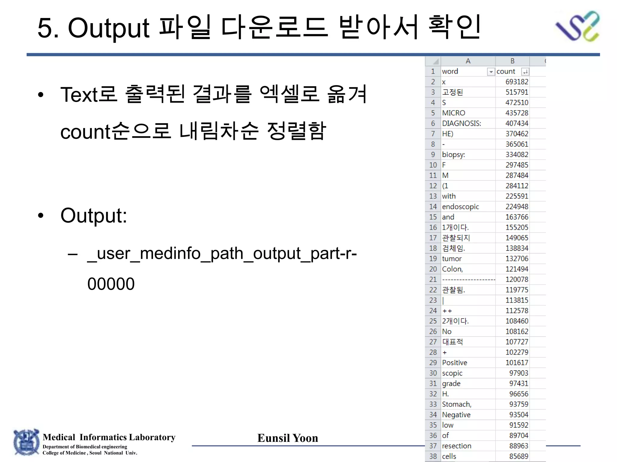 Medical Informatics Laboratory
Department of Biomedical engineering
College of Medicine , Seoul National Univ.
Eunsil Yoon
5. Output 파일 다운로드 받아서 확인
• Text로 출력된 결과를 엑셀로 옮겨
count순으로 내림차순 정렬함
• Output:
– _user_medinfo_path_output_part-r-
00000
 