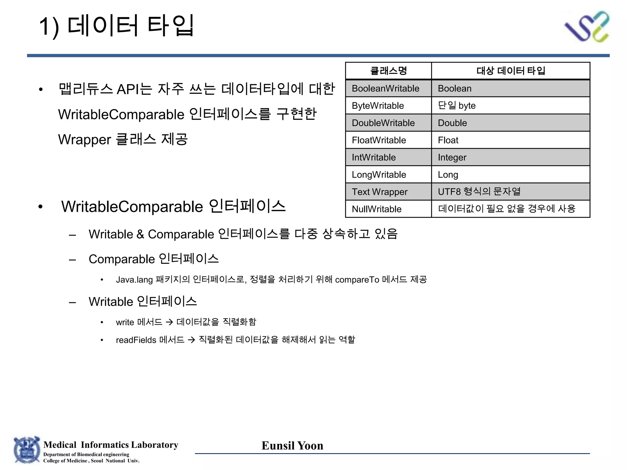 Medical Informatics Laboratory
Department of Biomedical engineering
College of Medicine , Seoul National Univ.
Eunsil Yoon
1) 데이터 타입
• WritableComparable 인터페이스
– Writable & Comparable 인터페이스를 다중 상속하고 있음
– Comparable 인터페이스
• Java.lang 패키지의 인터페이스로, 정렬을 처리하기 위해 compareTo 메서드 제공
– Writable 인터페이스
• write 메서드  데이터값을 직렬화함
• readFields 메서드  직렬화된 데이터값을 해제해서 읽는 역할
클래스명 대상 데이터 타입
BooleanWritable Boolean
ByteWritable 단일 byte
DoubleWritable Double
FloatWritable Float
IntWritable Integer
LongWritable Long
Text Wrapper UTF8 형식의 문자열
NullWritable 데이터값이 필요 없을 경우에 사용
• 맵리듀스 API는 자주 쓰는 데이터타입에 대한
WritableComparable 인터페이스를 구현한
Wrapper 클래스 제공
 