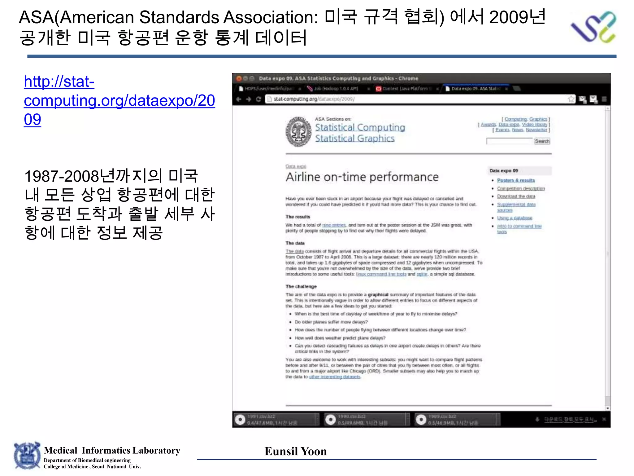 Medical Informatics Laboratory
Department of Biomedical engineering
College of Medicine , Seoul National Univ.
Eunsil Yoon
ASA(American Standards Association: 미국 규격 협회) 에서 2009년
공개한 미국 항공편 운항 통계 데이터
http://stat-
computing.org/dataexpo/20
09
1987-2008년까지의 미국
내 모든 상업 항공편에 대한
항공편 도착과 출발 세부 사
항에 대한 정보 제공
 
