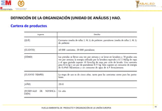 DEFINICIÓN DE LA ORGANIZACIÓN (UNIDAD DE ANÁLISIS ) HAO.
Cartera de productos

HUELLA AMBIENTAL DE PRODUCTO Y ORGANIZACIÓN...