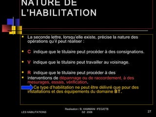 NATURE DE
L’HABILITATION
 La seconde lettre, lorsqu’elle existe, précise la nature des
opérations qu’il peut réaliser :
 C indique que le titulaire peut procéder à des consignations.
 V indique que le titulaire peut travailler au voisinage.
 R indique que le titulaire peut procéder à des
 interventions de dépannage ou de raccordement, à des
mesurages, essais, vérification.
 Ce type d’habilitation ne peut être délivré que pour des
installations et des équipements du domaine BT.
LES HABILITATIONS
Realisation / B. HAMMANI IFEG/ETB
DZ 2006 27
 