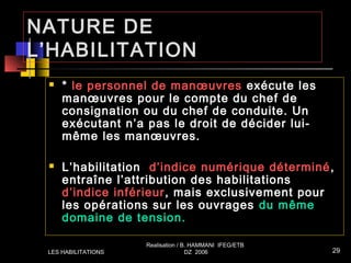 NATURE DE
L’HABILITATION
 * le personnel de manœuvres exécute les
manœuvres pour le compte du chef de
consignation ou du chef de conduite. Un
exécutant n’a pas le droit de décider lui-
même les manœuvres.
 L’habilitation d’indice numérique déterminé,
entraîne l’attribution des habilitations
d’indice inférieur, mais exclusivement pour
les opérations sur les ouvrages du même
domaine de tension.
LES HABILITATIONS
Realisation / B. HAMMANI IFEG/ETB
DZ 2006 29
 