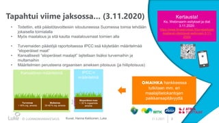 2
Tapahtui viime jaksossa… (3.11.2020)
31.3.2021
31.3.2021
• Todettiin, että päästötavoitteisiin sitoutuneessa Suomessa to...