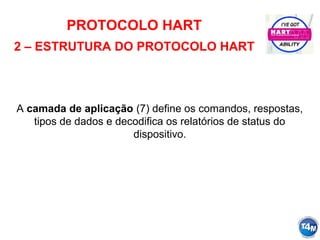 PROTOCOLO HART
2 – ESTRUTURA DO PROTOCOLO HART
A camada de aplicação (7) define os comandos, respostas,
tipos de dados e decodifica os relatórios de status do
dispositivo.
 