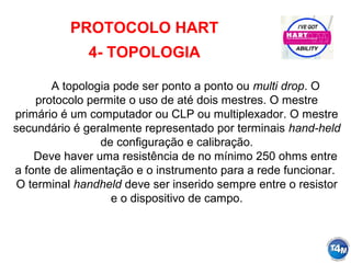 PROTOCOLO HART
4- TOPOLOGIA
A topologia pode ser ponto a ponto ou multi drop. O
protocolo permite o uso de até dois mestres. O mestre
primário é um computador ou CLP ou multiplexador. O mestre
secundário é geralmente representado por terminais hand-held
de configuração e calibração.
Deve haver uma resistência de no mínimo 250 ohms entre
a fonte de alimentação e o instrumento para a rede funcionar.
O terminal handheld deve ser inserido sempre entre o resistor
e o dispositivo de campo.
 