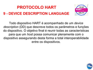 PROTOCOLO HART
9 - DEVICE DESCRIPTION LANGUAGE
Todo dispositivo HART é acompanhado de um device
description (DD) que descreve todos os parâmetros e funções
do dispositivo. O objetivo final é reunir todas as características
para que um host possa comunicar plenamente com o
dispositivo assegurando desta forma a total interoperabilidade
entre os dispositivos.
 
