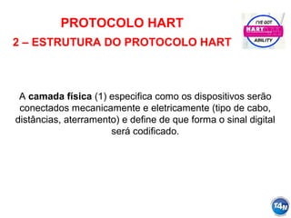PROTOCOLO HART
2 – ESTRUTURA DO PROTOCOLO HART
A camada física (1) especifica como os dispositivos serão
conectados mecanicamente e eletricamente (tipo de cabo,
distâncias, aterramento) e define de que forma o sinal digital
será codificado.
 