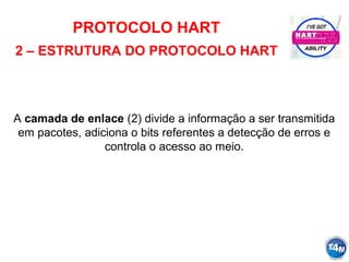 PROTOCOLO HART
2 – ESTRUTURA DO PROTOCOLO HART
A camada de enlace (2) divide a informação a ser transmitida
em pacotes, adiciona o bits referentes a detecção de erros e
controla o acesso ao meio.
 